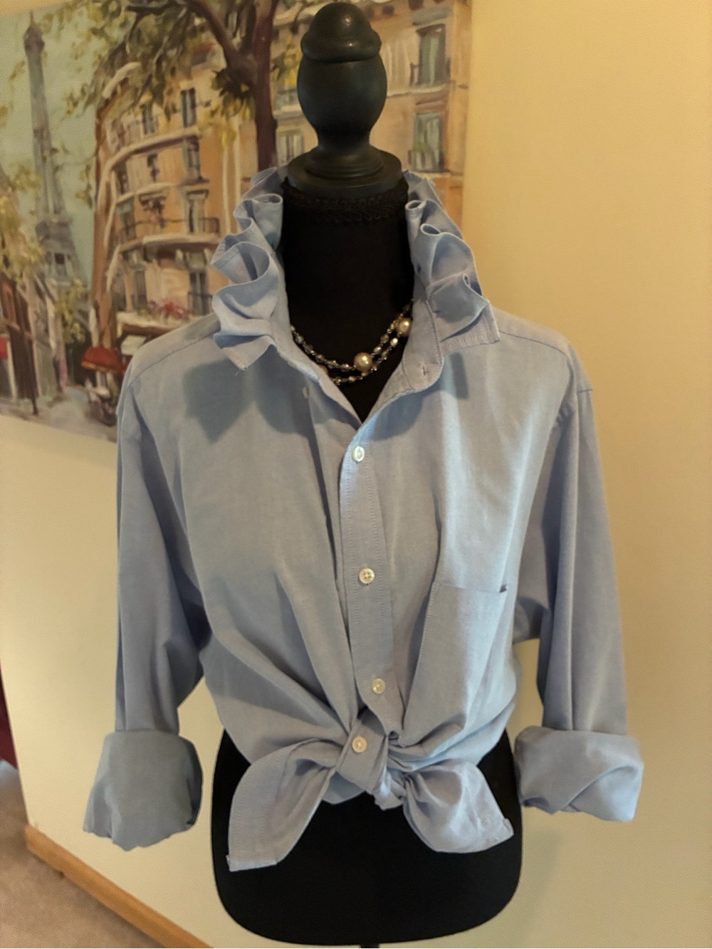 Chaps Light Blue Ruffled Collar Button-Down Shirt